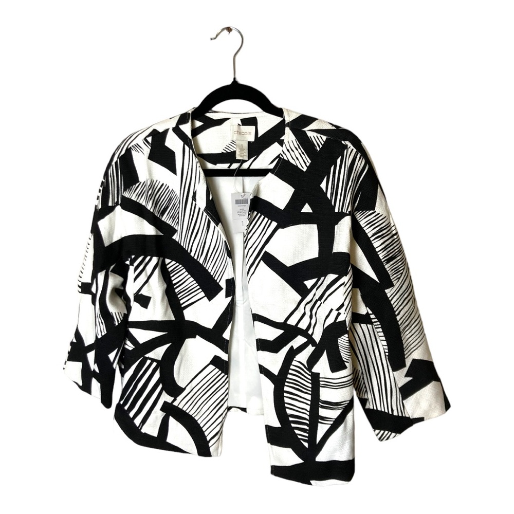 NWT Chicos Open Front Geo‎ Print Jacket  Black & White Size 1(Small)